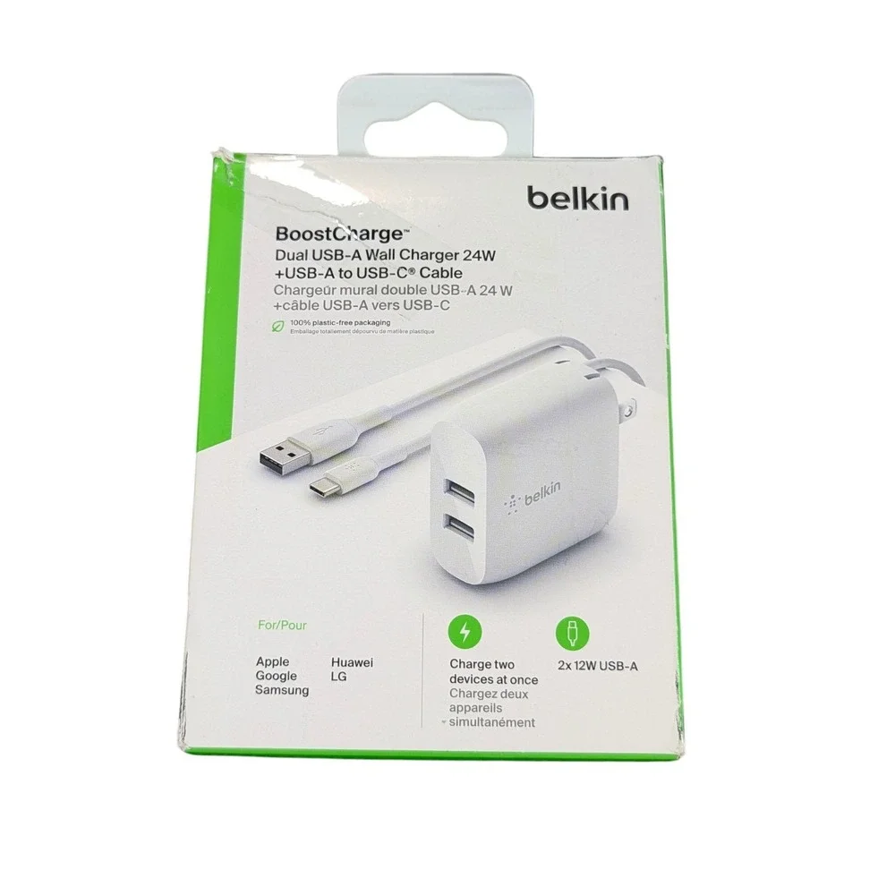 Cc8O Belkin 24W Dual Port USB Wall Charger with‎ USB-A To USB-C Cable White